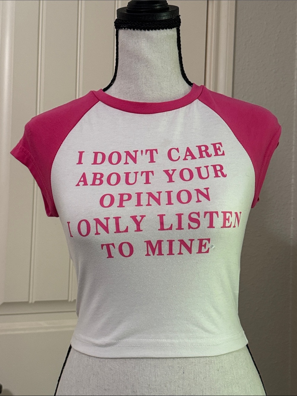SHEIN White Crop Raglan Tee with Hot Pink Sleeves and Slogan